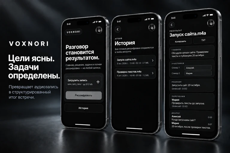 VOXNORI — Цели ясны. Задачи определены. Загрузка аудиозаписи, история и структурированный итог встречи